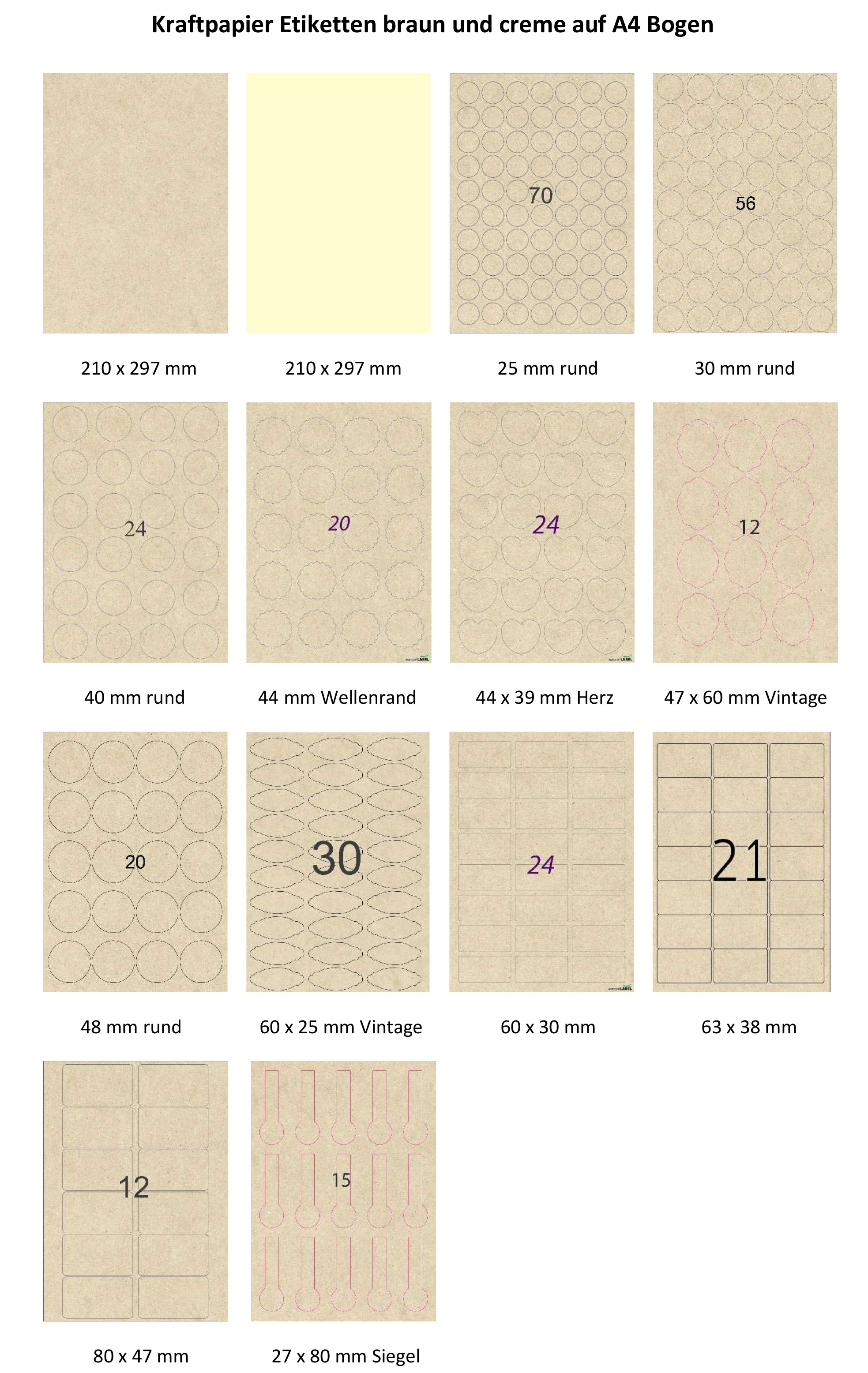 Kraftpapier Etiketten braun und creme auf A4 Bogen Standardformate