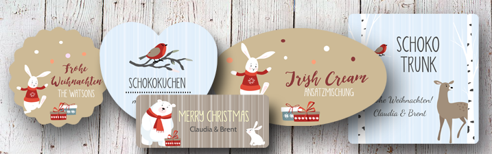 Weihnachtsetiketten Design Serie Sweet Christmas mit niedlichen Vögeln oder Hasen von watsonlabel