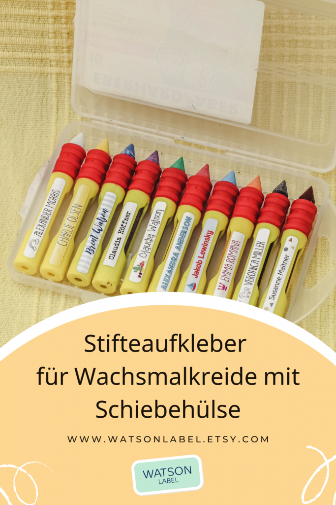 Stifteaufkleber mit Namen aus Folie fuer Wachsmalkreide mit Schiebehuelse in verschiedenen Farben, Motiven und den Abmessungen 38 x 6 mm, 48 x 6 mm und 23 x 6 mm. Online kaufen im watsonlabel Shop bei Etsy