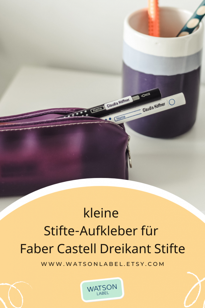 kleine Stifte Aufkleber fuer Faber Castell Dreikant Stifte. Etikettenformat 23 x 6 mm aus weisser Folie mit einfarbig schwarzem Druck.