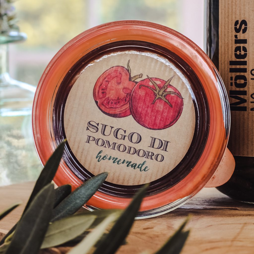 braune Kraftpapier Etiketten rund für Rundrand 60 Deckel von Weck. Mehrfarbiger Druck im Vintage Stil mit Tomate Clipart und Schriftzug Sugo di Pomodoro