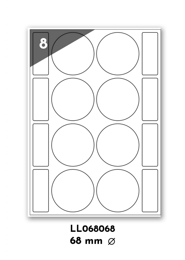 braune Kraftpapier Etiketten für jede Anwendung. Vorlage des A4 Bogen mit 34 braunen Kraftetiketten 68 mm rund mit 2 Etiketten nebeneinander und 4 Etiketten untereinander