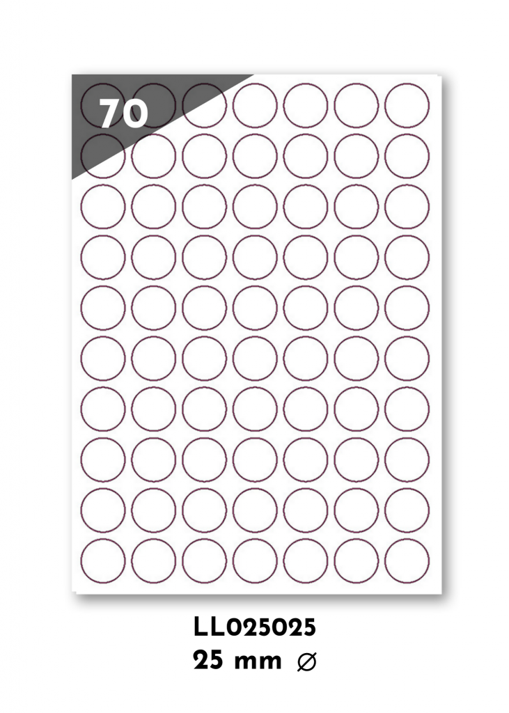 braune Kraftpapier Etiketten für jede Anwendung. Vorlage des A4 Bogen mit 70 Kraftetiketten 25 mm Durchmesser mit 7 Etiiketten nebeneinander und 10 Etiketten untereinander