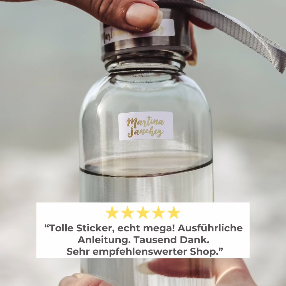 Praxisbeispiel: spuelmaschinenfeste-etiketten-richtig-aufkleben von watsonlabel mit folgender Bewertung: "Tolle Sticker, echt mega! Auführliche Anleitung. Tausend Dank. Sehr empfehlenswerter Shop."
